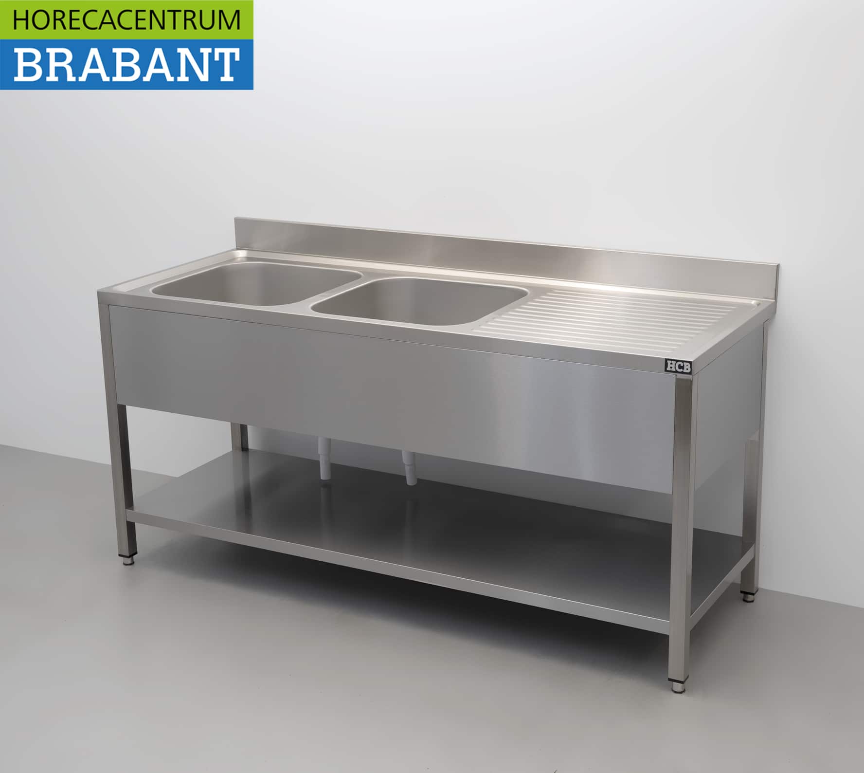 HCB RVS Spoeltafel dubbele spoelbakken Premium-line Gelast model 180 cm Horeca - Afbeelding 3
