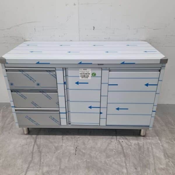 HCB RVS Werkkast Kast Werktafel, klapdeur, 3 laden en afvalbak 140 cm Horeca