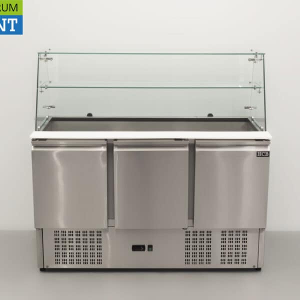 HCB RVS Saladette Koelwerkbank 3 deuren 1/1 GN met glasopbouw 137 cm 230V Horeca