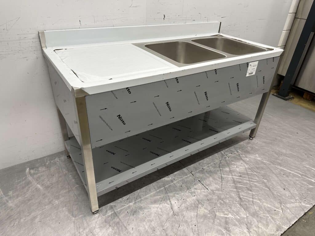 HCB RVS Spoeltafel dubbele spoelbakken Premium-line Gelast model 160 cm Horeca - Afbeelding 2