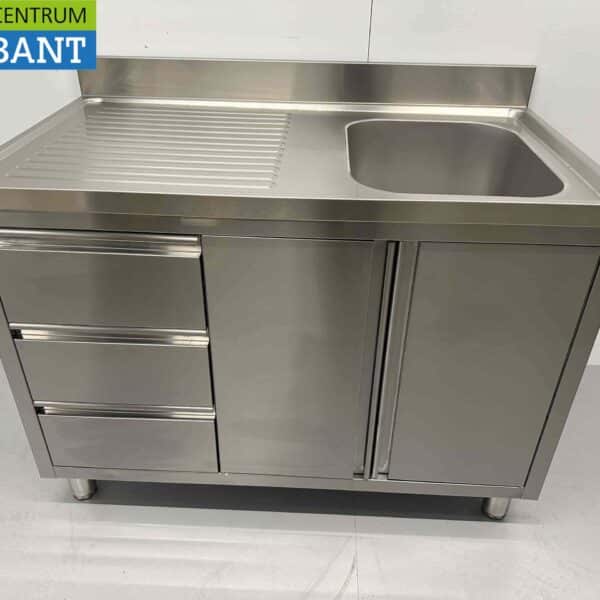HCB RVS Spoeltafel Spoelbak klapdeuren en laden 120 cm Horeca