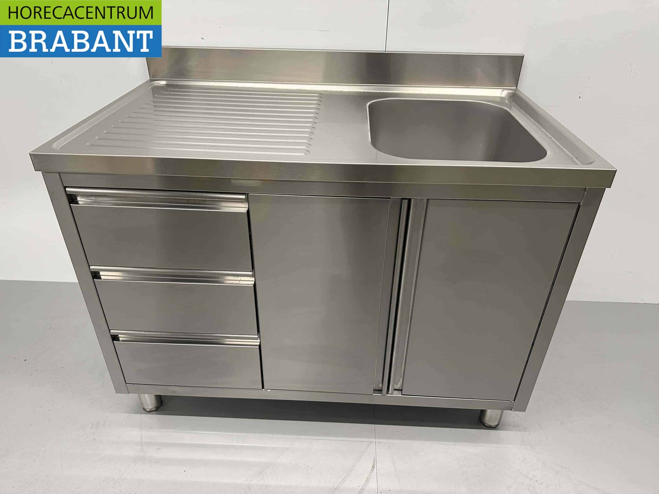 HCB RVS Spoeltafel Spoelbak klapdeuren en laden 120 cm Horeca