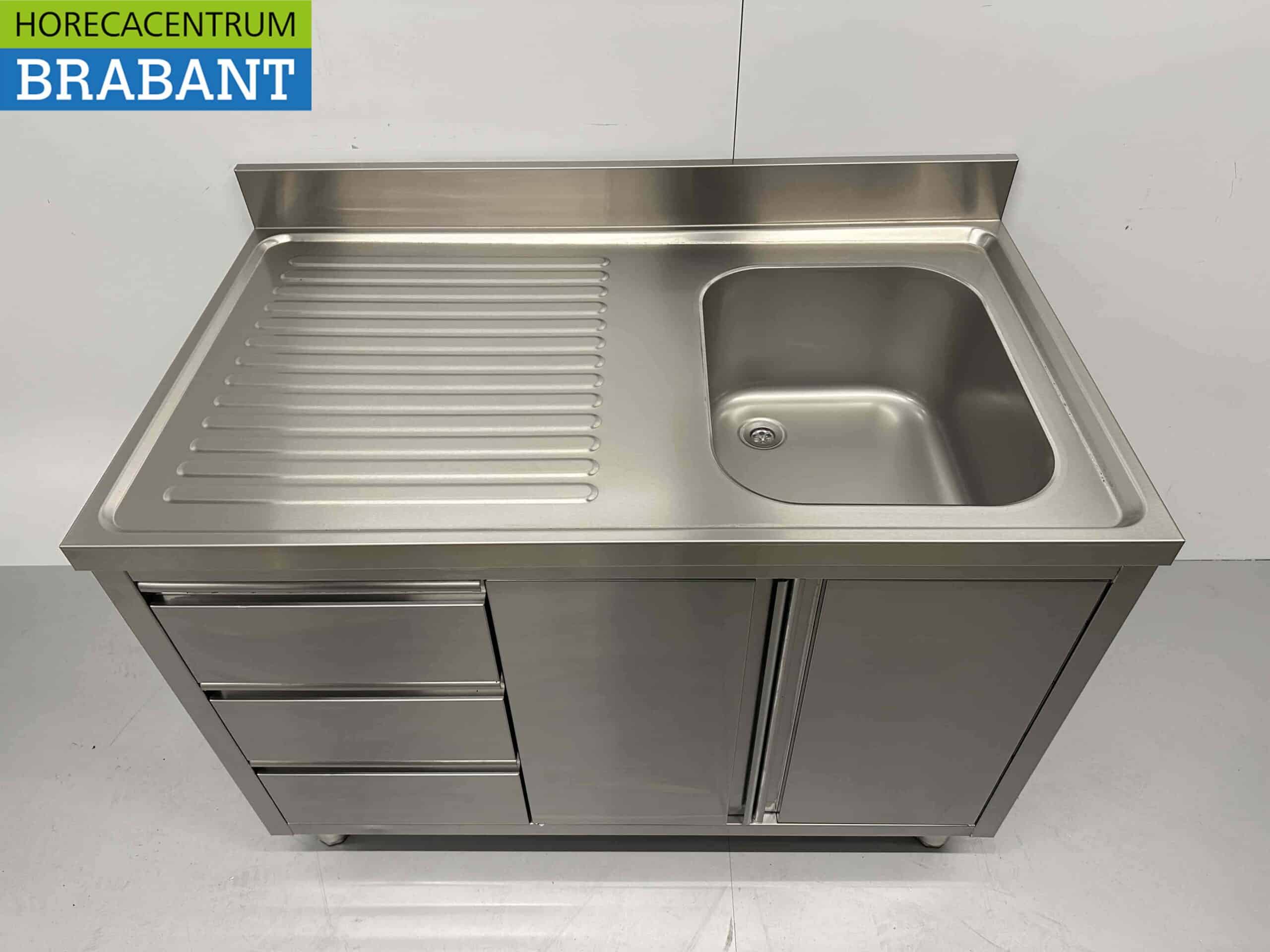 HCB RVS Spoeltafel Spoelbak klapdeuren en laden 120 cm Horeca - Afbeelding 2