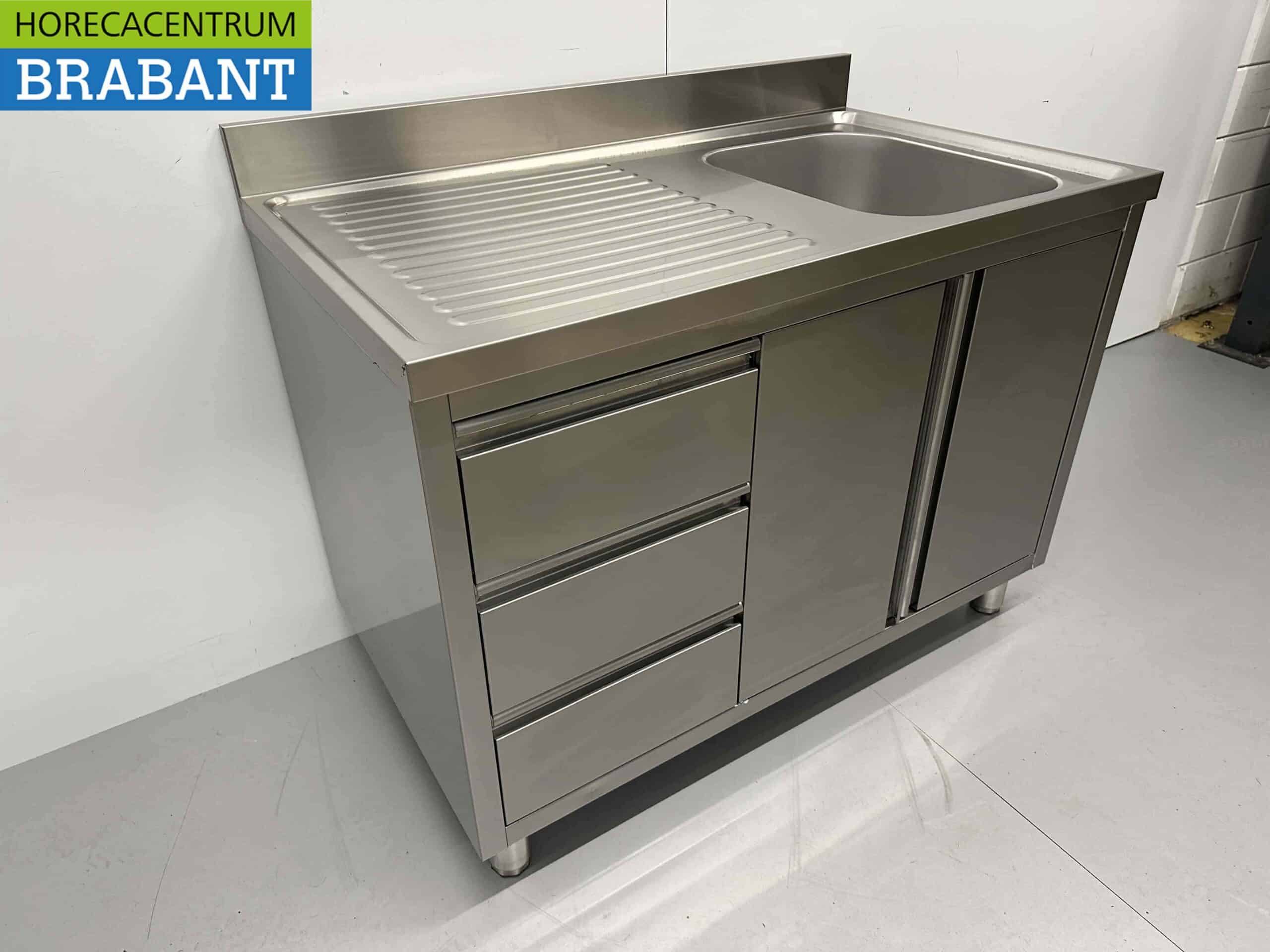 HCB RVS Spoeltafel Spoelbak klapdeuren en laden 120 cm Horeca - Afbeelding 3