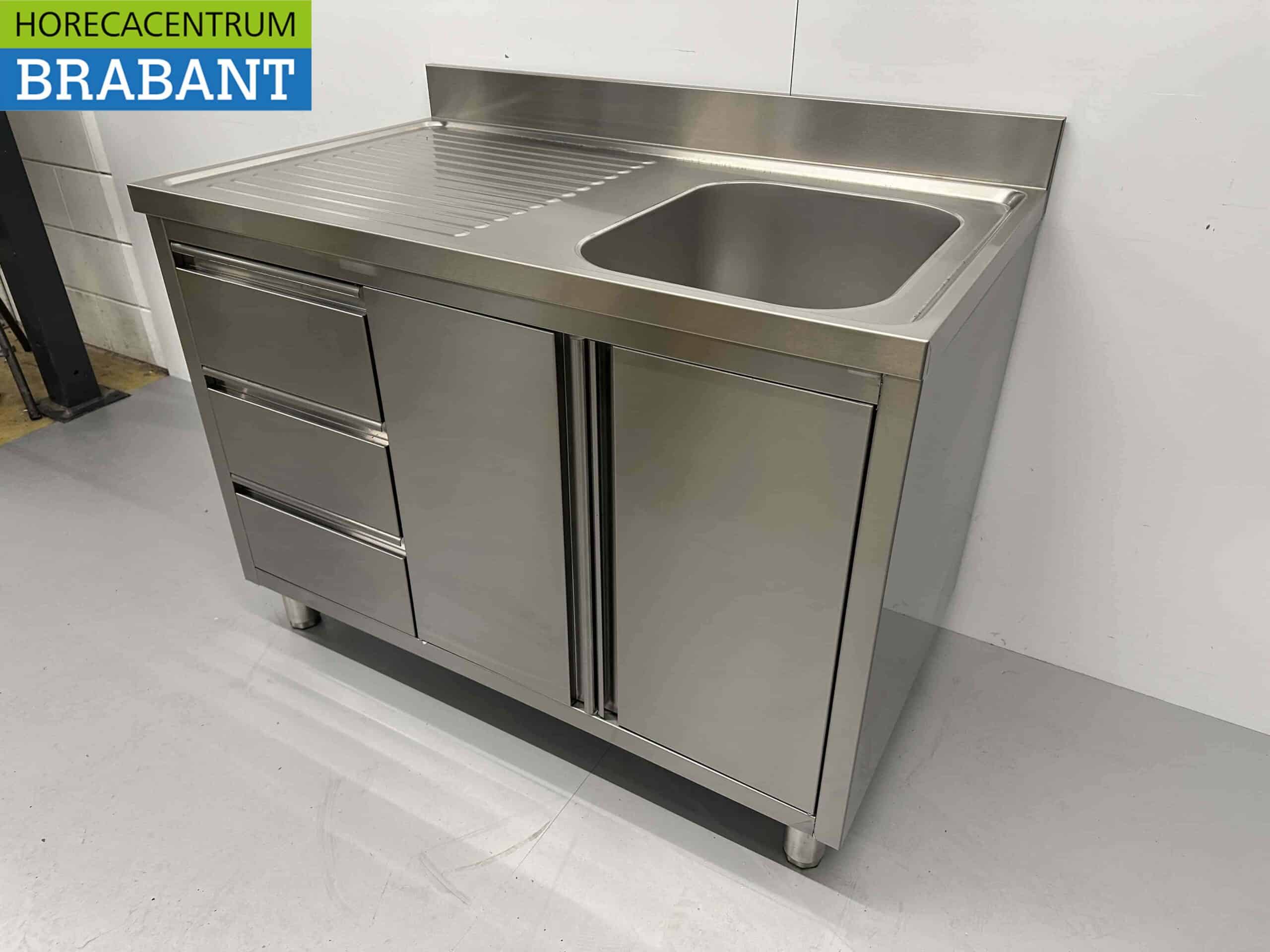 HCB RVS Spoeltafel Spoelbak klapdeuren en laden 120 cm Horeca - Afbeelding 4