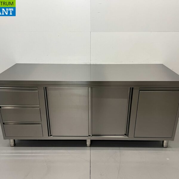 HCB RVS Werkkast Kast Werktafel 2 schuifdeuren en 3 laden en afvalbak 200 cm Horeca