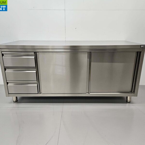 HCB RVS Werkkast Kast Werktafel Premium-line 2 schuifdeuren en 3 laden 180 cm Horeca