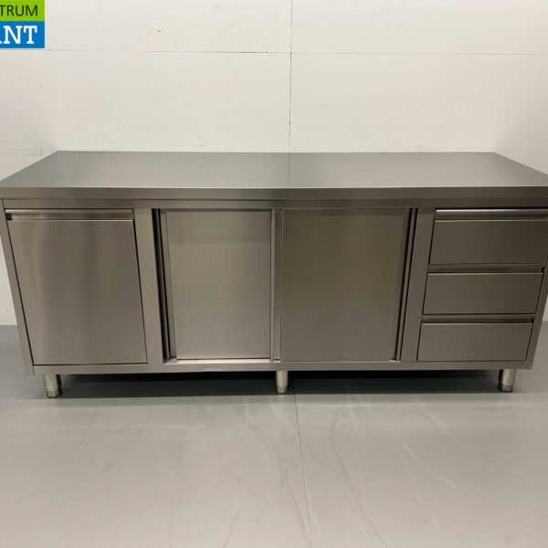 HCB RVS Werkkast Kast Werktafel 2 schuifdeuren en 3 laden en afvalbak 200 cm Horeca