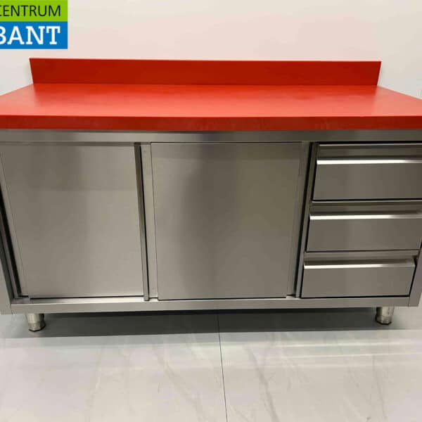 HCB RVS Premium-line Polyethylene PE Werkkast Kast Snijtafel 2 schuifdeuren 3 laden 150 cm Horeca Slagerij
